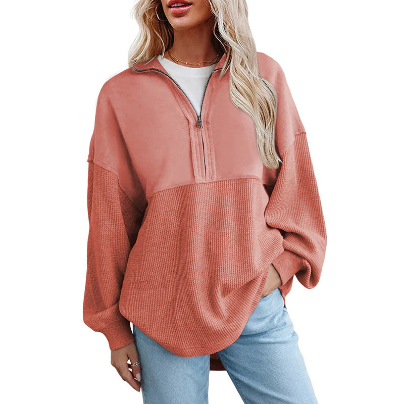 Women's loose-fitting button-down Henley collar sweatshirt, casual long-sleeved pullover sweater, V-neck solid color patchwork belted top