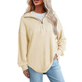 Women's loose-fitting button-down Henley collar sweatshirt, casual long-sleeved pullover sweater, V-neck solid color patchwork belted top